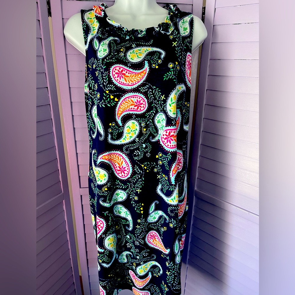 Talbots sleeveless dress with ruffle around neckline.  Paisley Sleeveless Dress